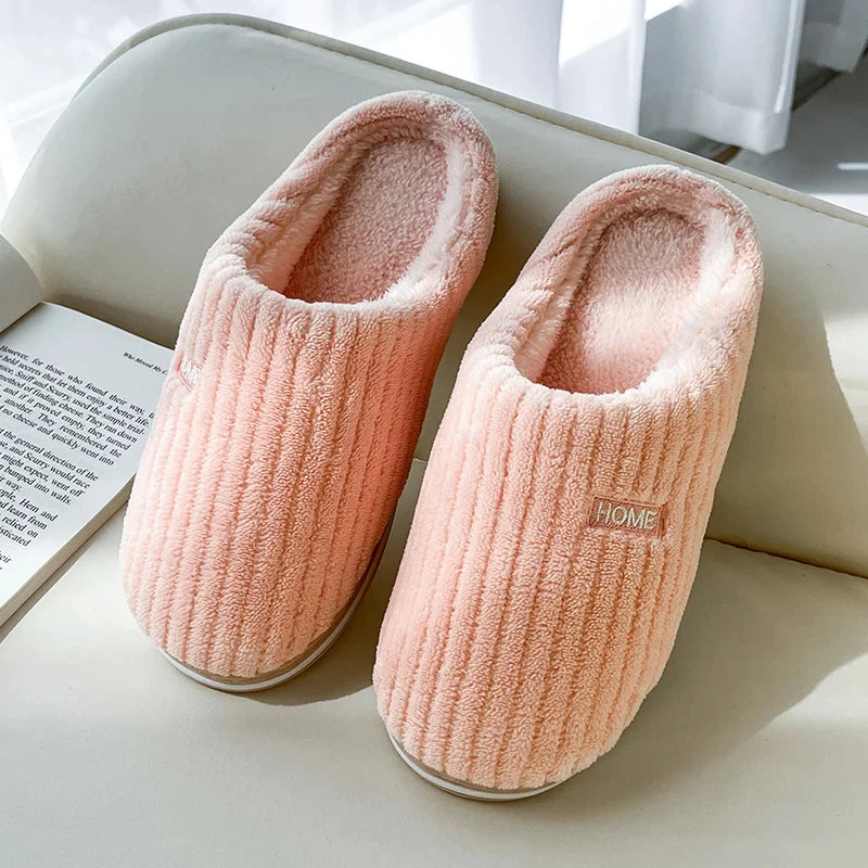 Solid Color Simple Cotton Slippers Winter Non-Slip Home Warm Plush Slippers Household Indoor Couple Women'S House Shoes